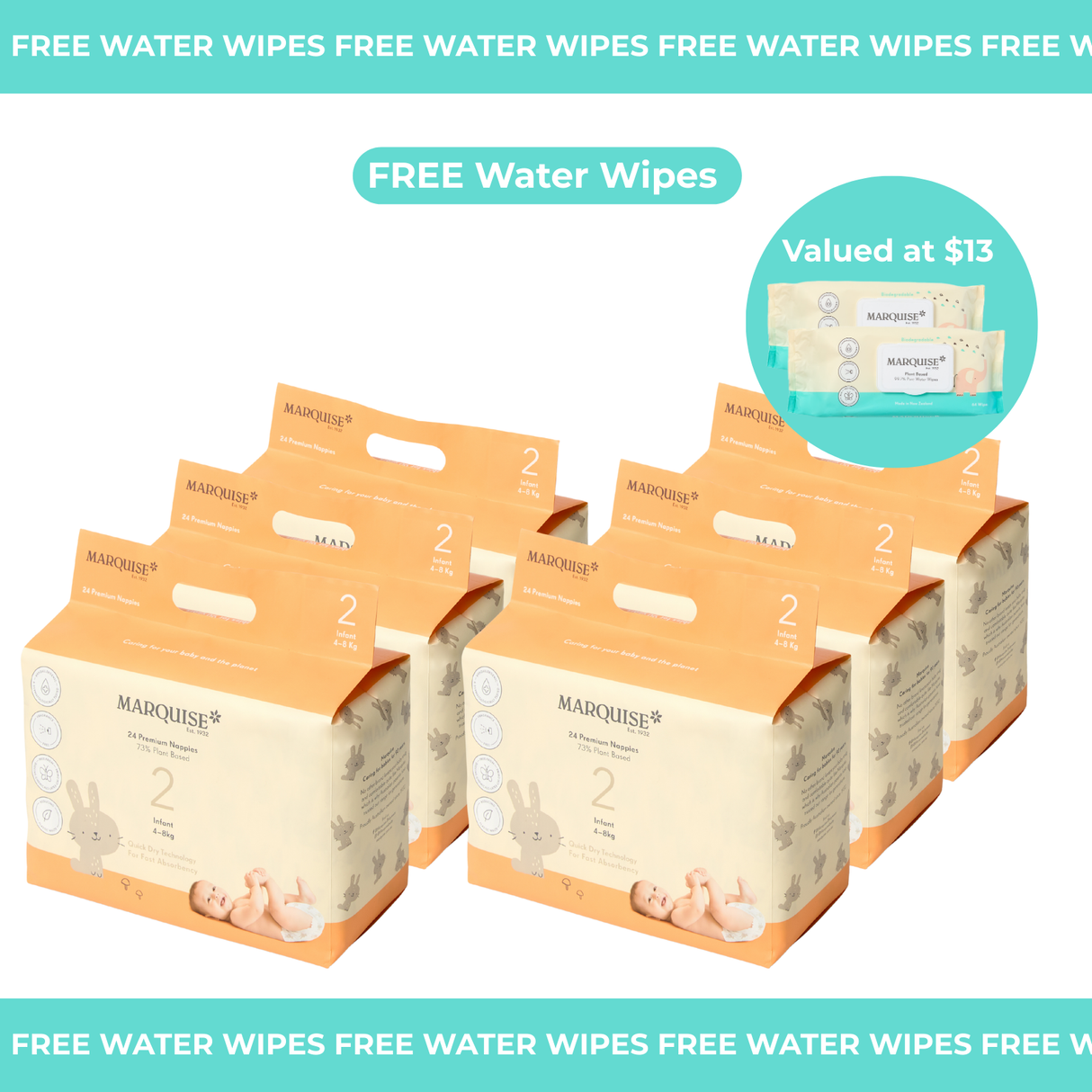Marquise Hypoallergenic Nappies 6 packs + 2 Free Water Wipes