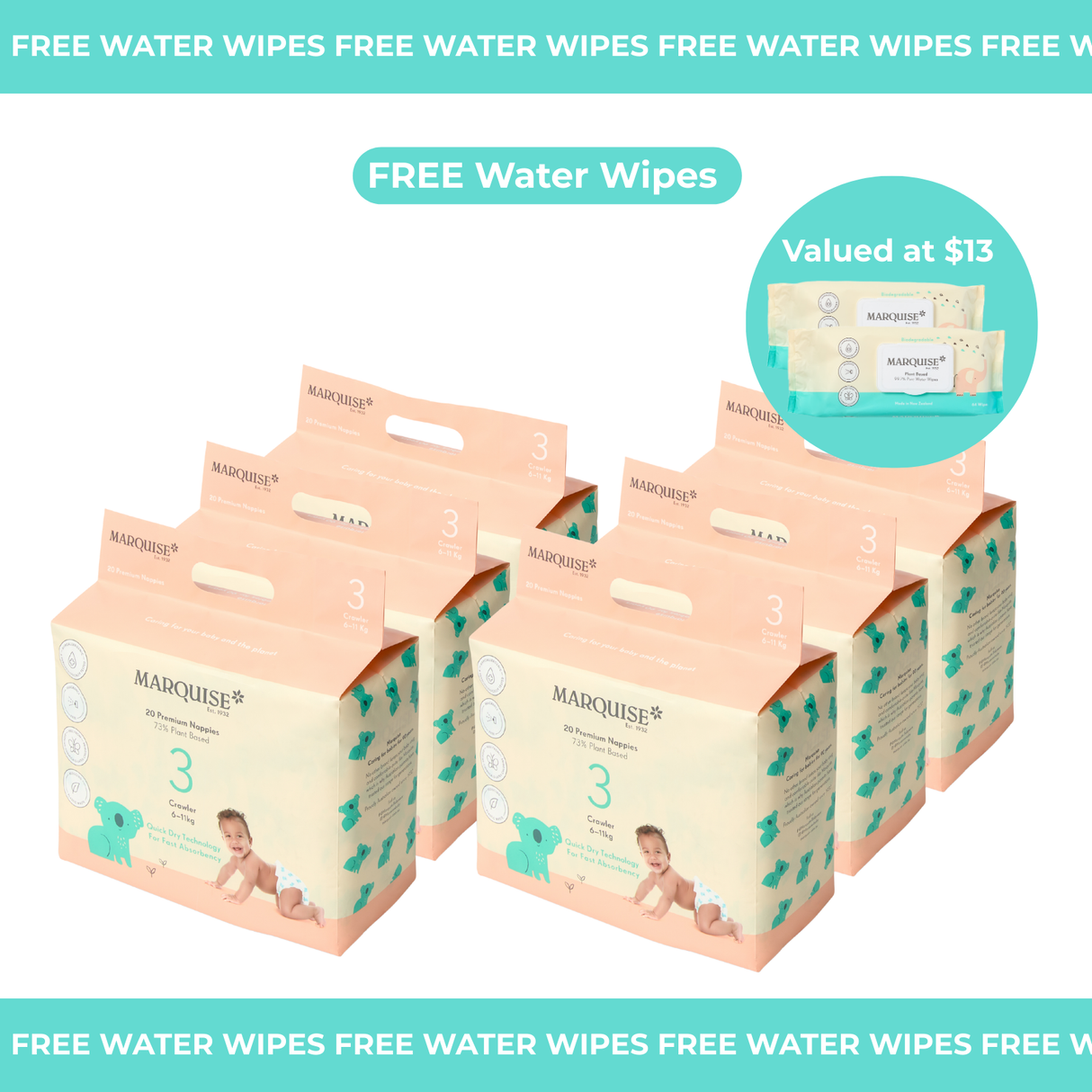 Marquise Hypoallergenic Nappies 6 packs + 2 Free Water Wipes