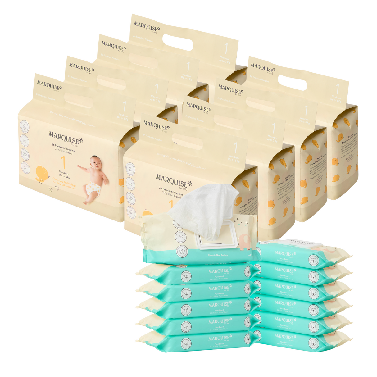 Marquise Hypoallergenic Nappies and Water Wipes Bundle