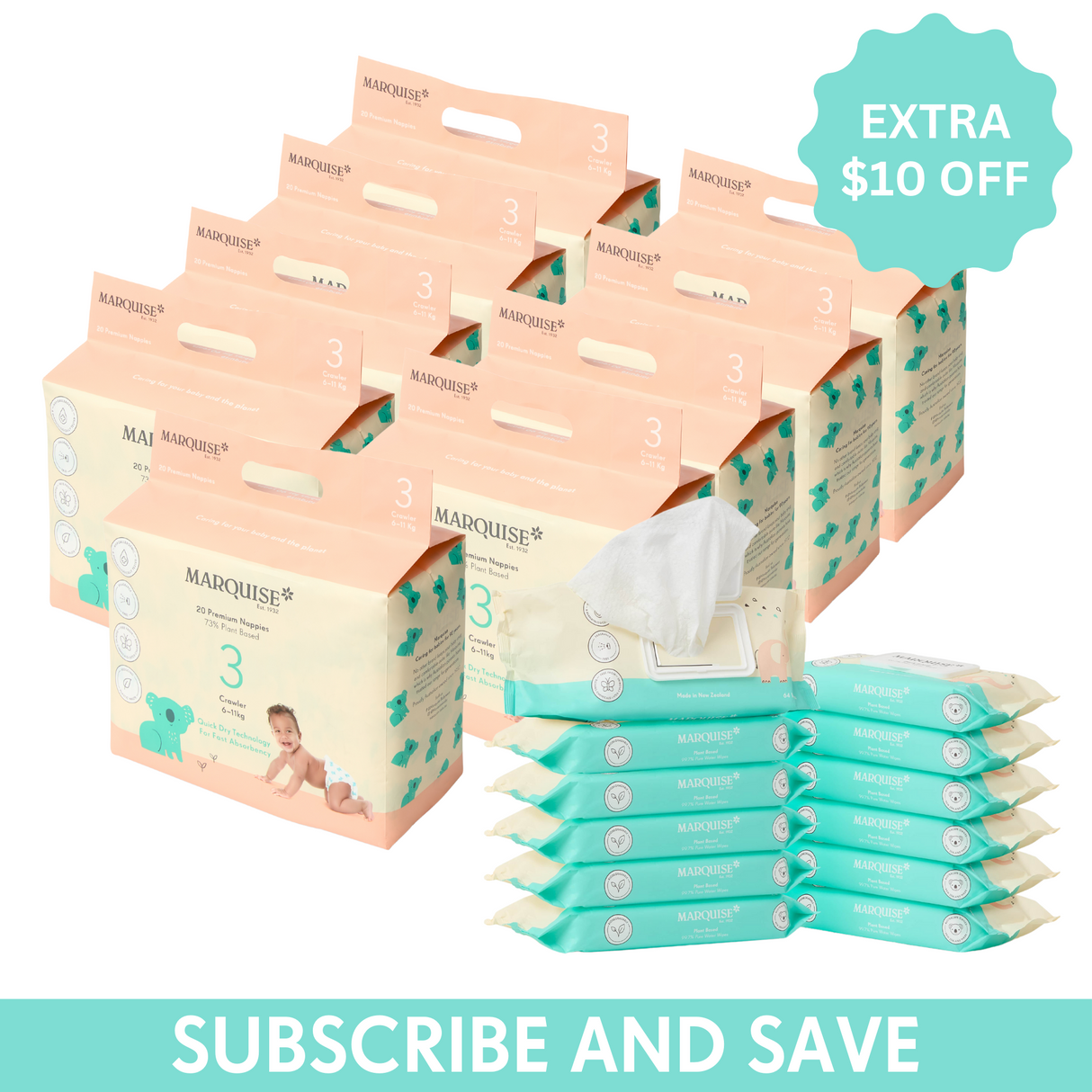 Marquise Hypoallergenic Nappies and Water Wipes Bundle Subscription