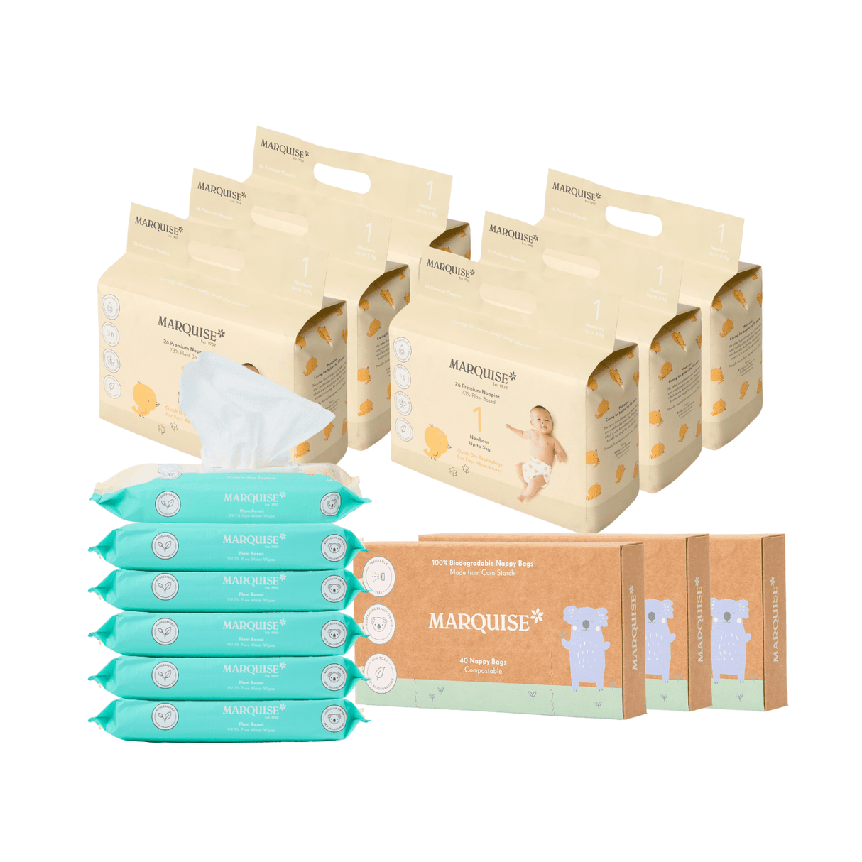 Marquise Hypoallergenic Nappies, Wipes & Nappy Bags Bulk Bundle