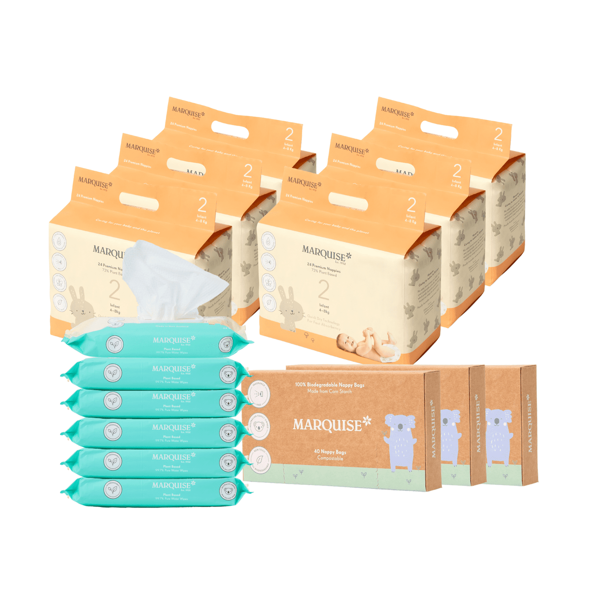 Marquise Hypoallergenic Nappies, Wipes & Nappy Bags Bulk Bundle
