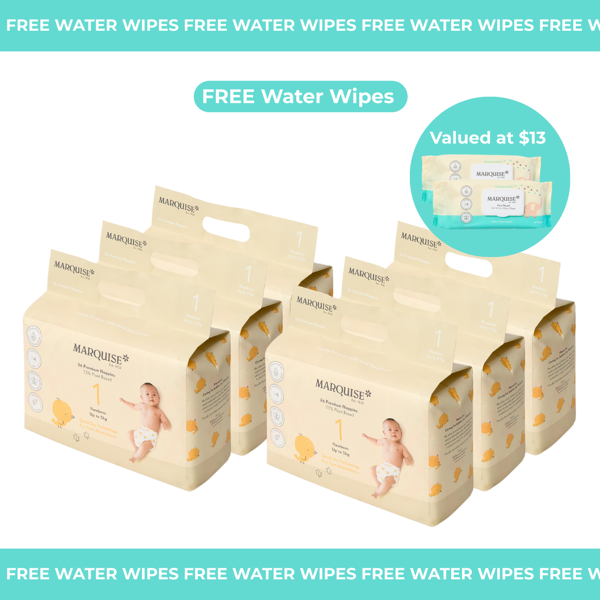 Marquise Hypoallergenic Nappies 6 packs + 2 Free Water Wipes