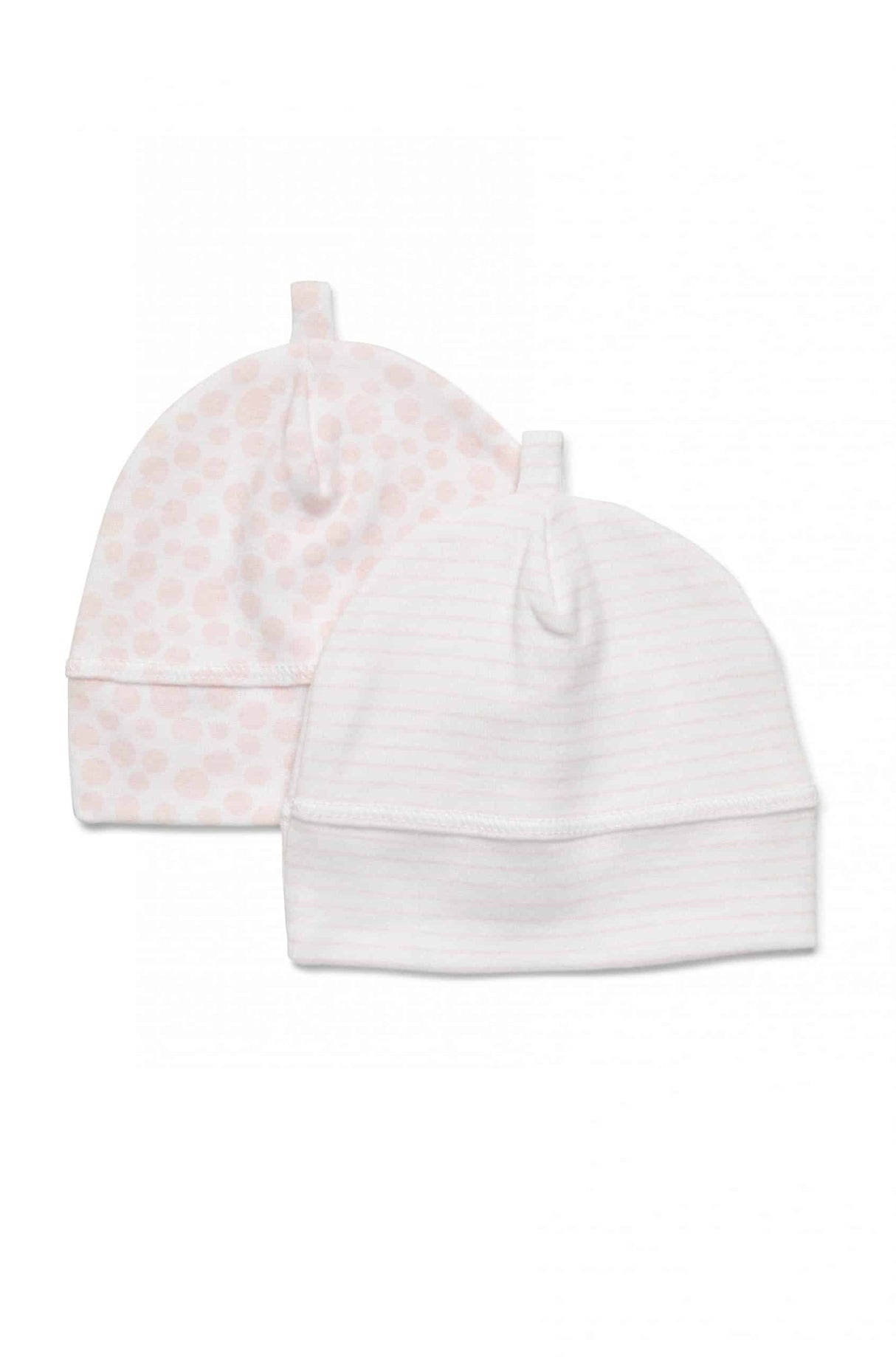 Pink dot beanie and white grey-striped beanie