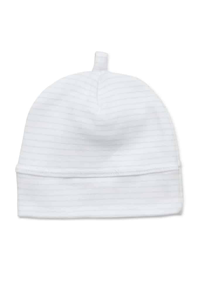 White beanie with blue stripes