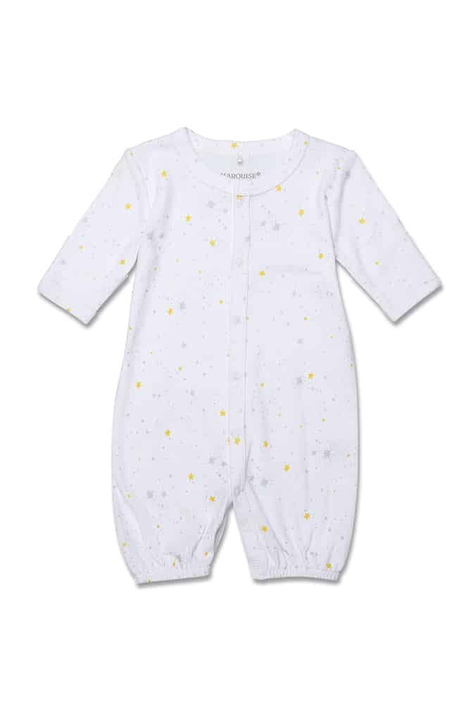 White onesie with grey and gold stars