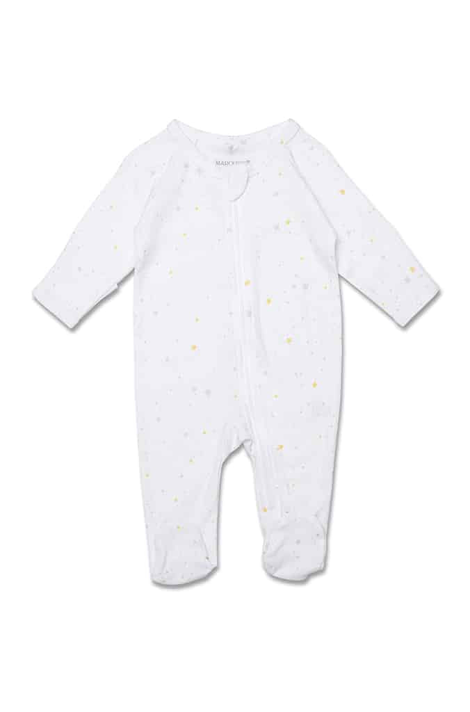 White onesie with gold and grey stars