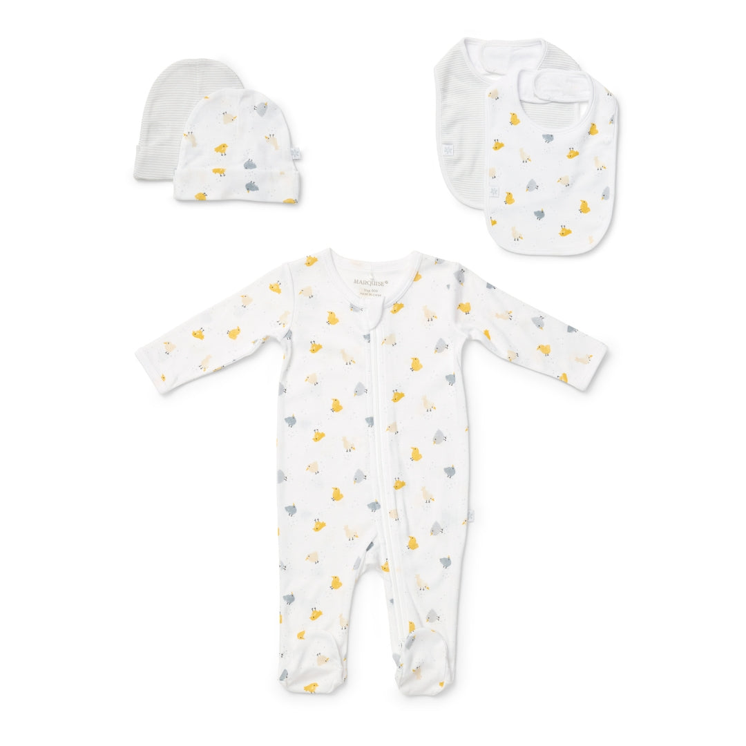Newborn Essentials Unisex Beanies, Bibs & Zipsuit Set