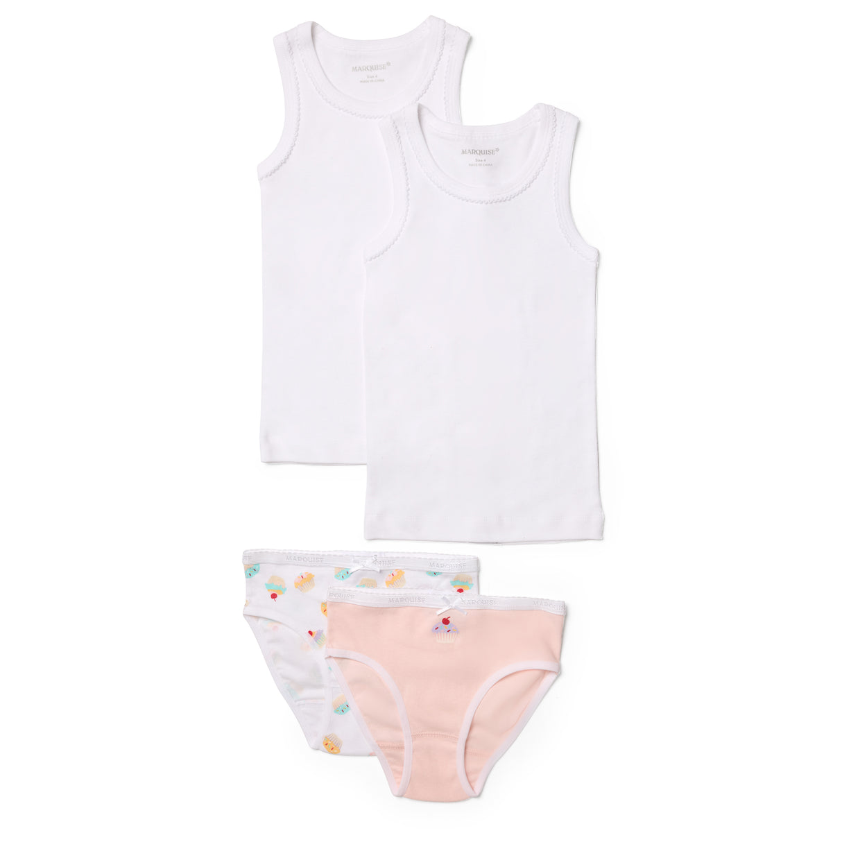Girls Cotton Scalloped Singlet and Underwear 4 Piece Set