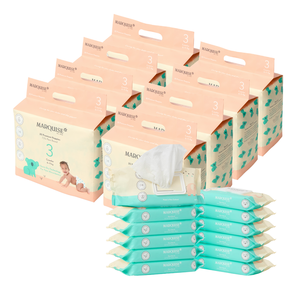 Marquise Hypoallergenic Nappies and Water Wipes Bundle