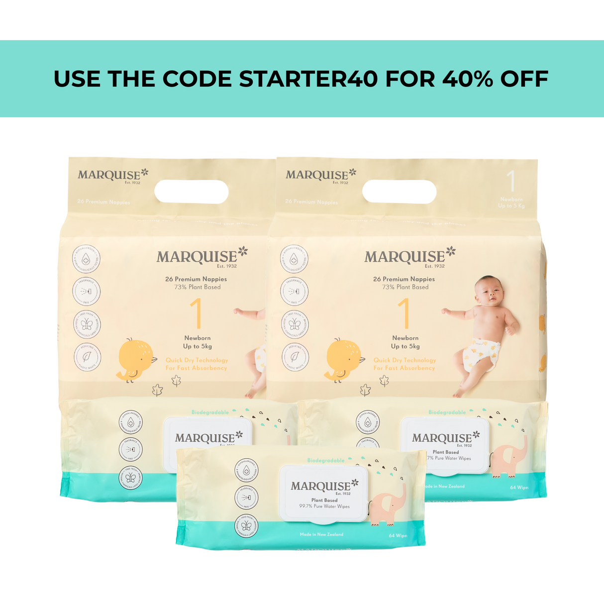 Marquise Hypoallergenic Nappies & Wipes Starter Pack