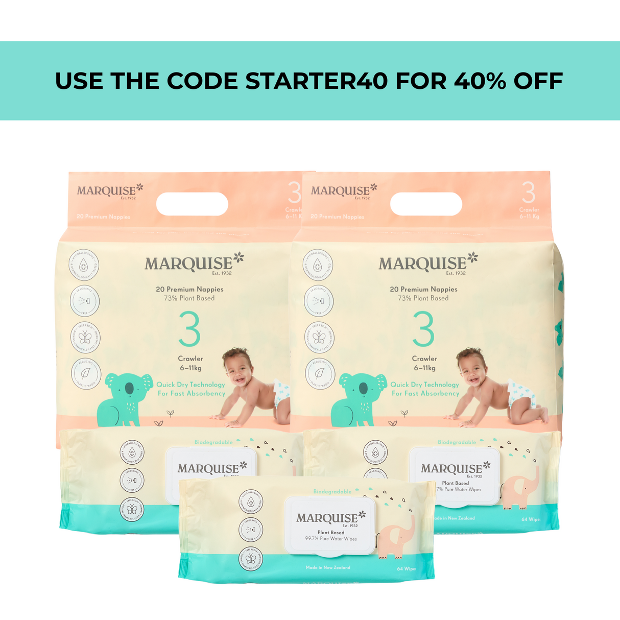 Marquise Hypoallergenic Nappies & Wipes Starter Pack