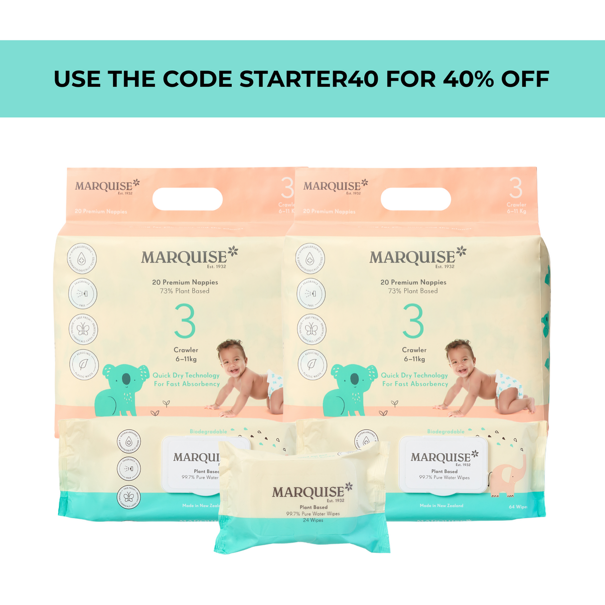 Marquise Hypoallergenic Nappies & Wipes Starter Pack